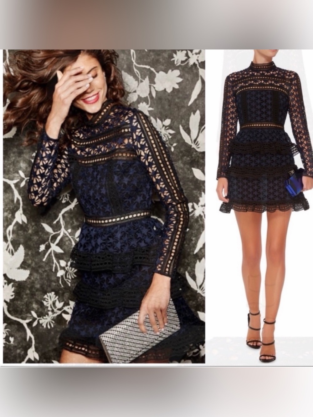 Self-portrait navy/black high neck star lace dress